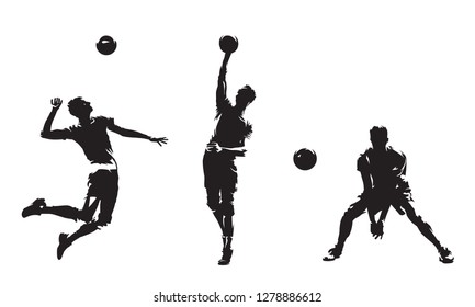 Group of volleyball players, set of isolated vector silhouettes. Team sport, active people. Beach volleyball