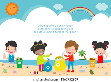 Group of Volunteer Children Cleaning Beach,Template for advertising brochure,your text, Save the World, poster background Illustrator Vector