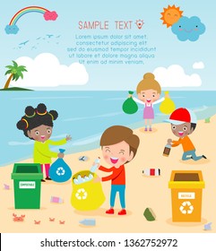 Group of Volunteer Children Cleaning Beach,Template for advertising brochure,your text, Save the World, poster background Illustrator Vector