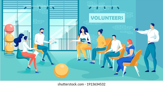 Group of Volunteer Discuss Question and Task at Meeting Vector Illustration. Cartoon People Sitting on Chairs in Room. Sport or Cultural Event Volunteering Help. Activist Teamwork Cooperation