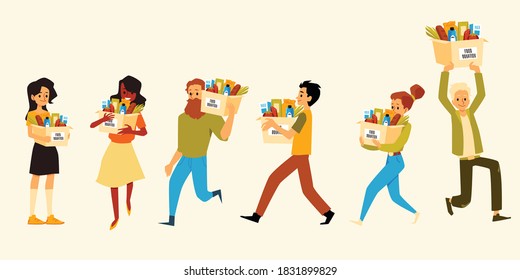 Group of volunteers is carry in hands of cardboard boxes for donations full of food, drinks. Center of social support and assistance to poor and homeless persons. Vector illustration