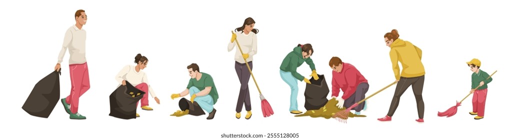 Group of volunteers cleaning with tools and bags. Vector illustration