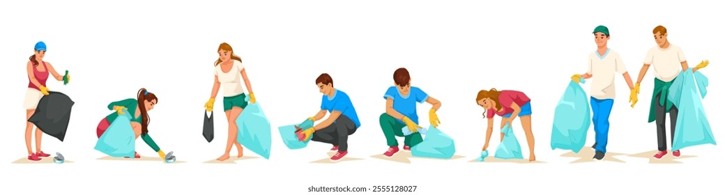 Group of volunteers collecting trash outdoors. Vector illustration