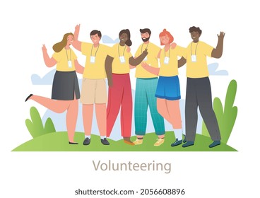 Group of volunteers. Happy men and women help other people, animals and nature. Charity and donations. Community of unselfish kind people. Cartoon flat vector illustration isolated on white background