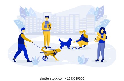 Group of volunteers helps homeless animals: feeding,walking the disabled animals and treating them.Volunteering social concept.Flat vector illustration.