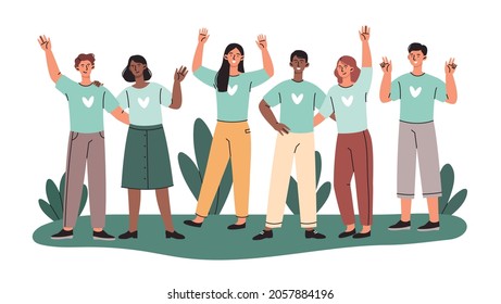 Group of volunteers. Kind characters stand together, hug and wave their hands. Charity and donations. People help those in need. Cartoon flat vector illustration isolated on white background svg