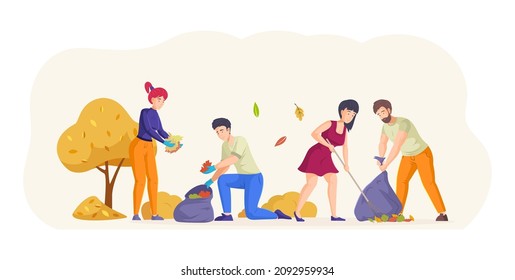 Group volunteers people raking autumn dry foliage at garden park. Activists man and woman in protective gloves putting leaves into bag sack cleaning garbage at yard. Weekend neighbor work vector flat