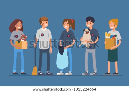 Group volunteers standing together. Flat style vector illustration isolated.