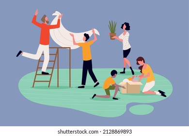 group volunteers together working and helping