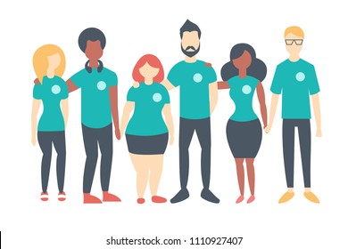 Group of Volunteers wearing same color t-shirts. Multinational people standing happily together. Vector flat isolated image