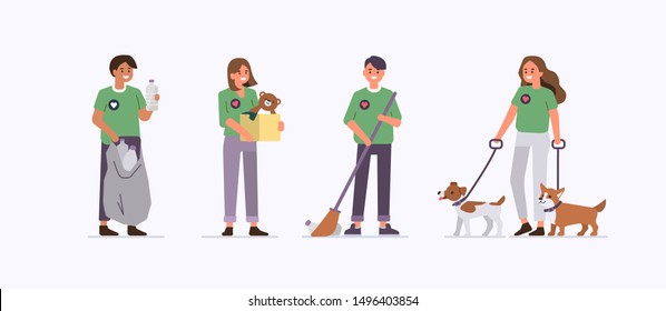 Group of  Volunteers Working Together. Male and female Characters Holding Donation Box, Help Animals, Cleaning. Charity and Donation Concept. Flat Cartoon Vector Illustration Isolated.