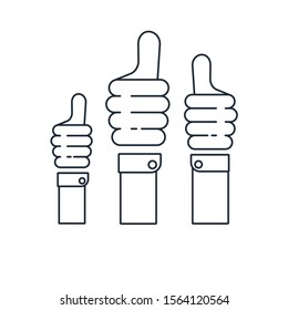 Group voting of hands and fingers to the top. Choice, support. Vector linear icon on a white background.