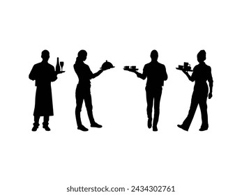 Group of waiter and waitress male and female silhouette isolated white background. Vector Illustration