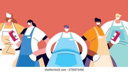 Kellnergruppe mit Gesichtsmaske und einheitlicher Vektorgrafik