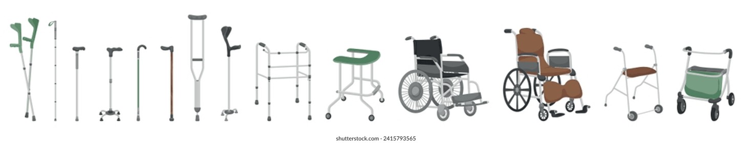 Group of walking aids on white background