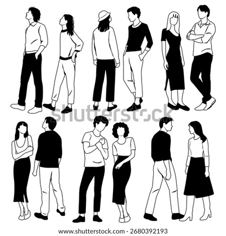 Group of walking  business people, vector silhouettes of men and women, front and back view, profile, hand draw, linear sketch, black and white color, isolated on white background