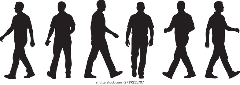 Grupo de siluetas de hombre caminando en varias poses casuales aisladas sobre fondo blanco para el estilo de vida urbano y el concepto peatonal