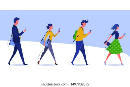 Group of walking people checking smartphones. Male and female cartoon characters going to work and texting. Vector illustration for banner, postcard, poster