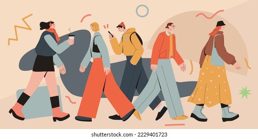 Group of walking people. Crowd of diverse women and men. Hand drawn vector colorful flat cartoon style illustration.