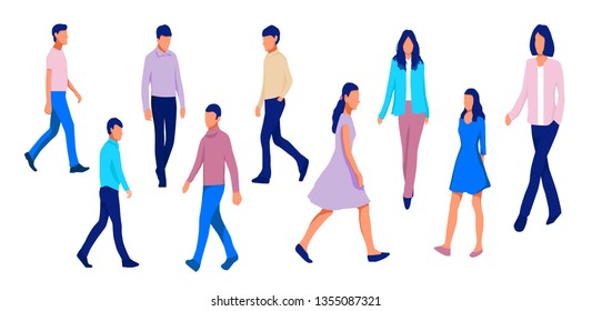 Group of walking people diversity, diverse men and women standing on white background.