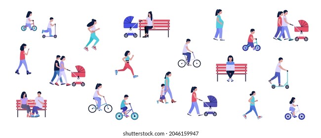 Group of walking people. Outdoor activities, family walks, dating, work. Colorful flat vector illustration