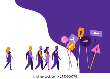 A group of walking people with various signs and direction signs in front of them
