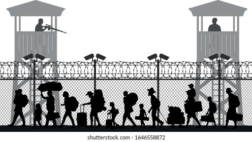Group of walking refugees. Crowd migration. People behind barbed wire. State border checkpoint. Silhouette vector illustration