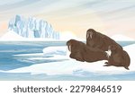 A group of walruses is resting by the sea. Wildlife of the Arctic. Realistic vector landscape