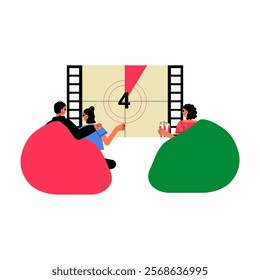 Group Watching A Movie On Large Screen With Countdown, Sitting On Bean Bags, In Flat Vector Illustration Symbolizing Togetherness, Entertainment, And Relaxation, Isolated On White Background