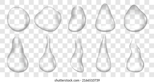 Group of water drops isolated on transparent background. Realistic raindrop Vector .