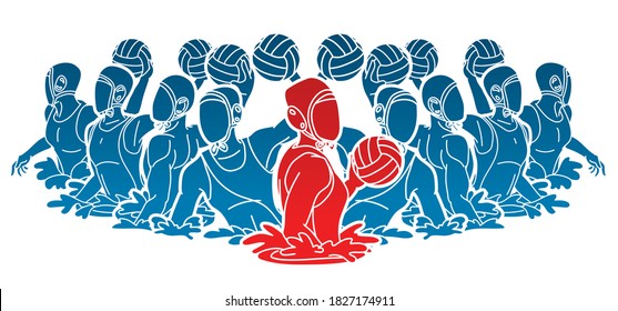 Group of water polo players  action cartoon graphic vector