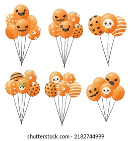 group of watercolor bunch Halloween orange balloons with face and skull isolated on white background illustration