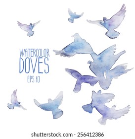 Group of watercolor flying doves isolated on white background