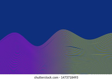 group of wavy lines with gradient color from purple to yellow on a blue background. Vector graphics