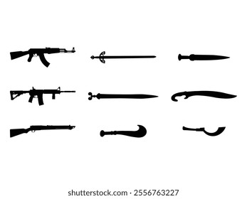 Group of Weapons Silhouette isolated white background. Vector Illustration