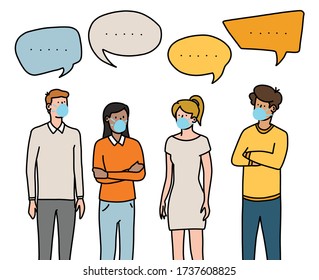 Group wearing face masks talking about current events. Hand drawn vector illustration. Bold lines and bright solid colours.