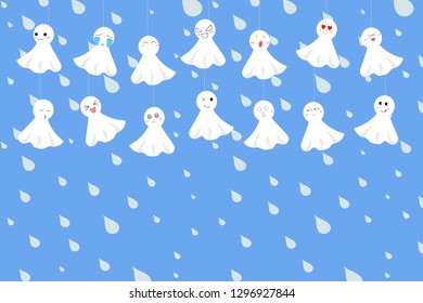 Group of weather doll (Teruterubozu) expression face in raindrops background cartoon character design, flat style.