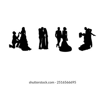Group of Wedding Couple Silhouette isolated white background. Vector Illustration