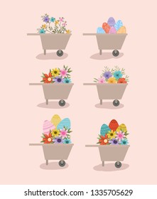 group of wheelbarrows with flowers and eggs painted
