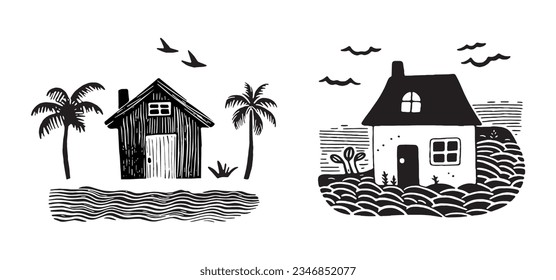 Grupo de casas de playa para la ilustración vectorial concepto de viaje. Objetos de vacaciones tropicales de las cabañas costeras impresas. 