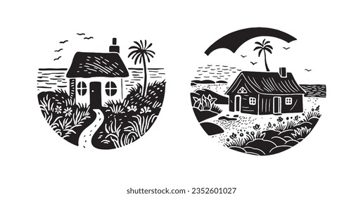 Group of whimsy beach houses for travel concept vector illustration. Tropical holiday object set of coastal huts print. 
