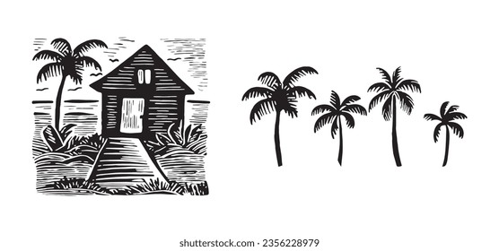Group of whimsy beach houses for travel concept vector illustration. Tropical holiday object set of coastal huts print. 