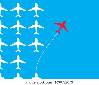 Group of white airplane in one direction and one red airplane pointing in different way. Business for new ideas creativity concepts.