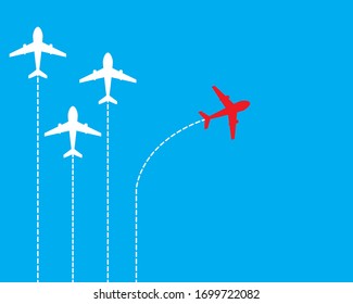 Grupo de aviones blancos en una dirección y un avión rojo apuntando de otra manera. Negocio para nuevas ideas conceptos de creatividad.