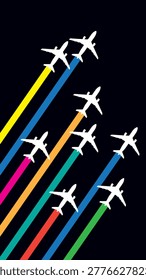 A group of white airplanes flying in formation, leaving colorful trails of smoke against a dark background. The composition suggests movement and unity.