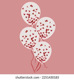 A group of white balloons with hearts in a bunch on a pink background. White balls with small pink hearts on a string. isolated illustration for printing on postcards and banners