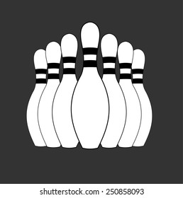 Group of white bowling pins at the end of a bowling alley, skittles. sport object concept, vector art image illustration, eps10, isolated on black background, outline