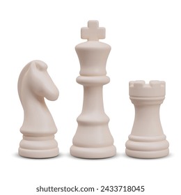 Group of white chess pieces in realistic style. King, rook, horse