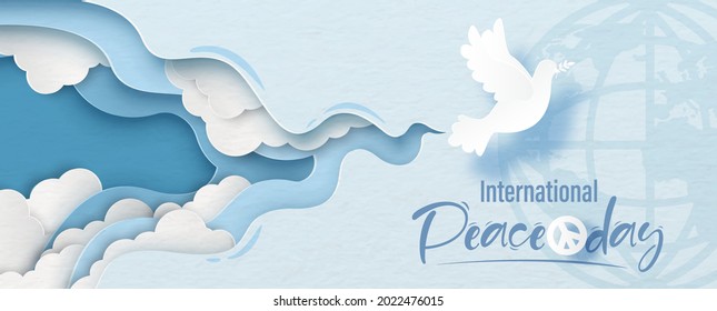 Group of white clouds sky in abstract shape with white pigeon flying and the name of event on global and blue paper pattern background. Poster's campaign in paper cut style and banner vector design.