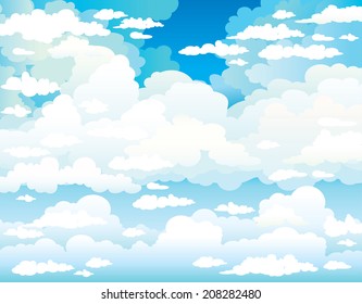 Group of white cumulus clouds on a blue sky background. Nature vector.